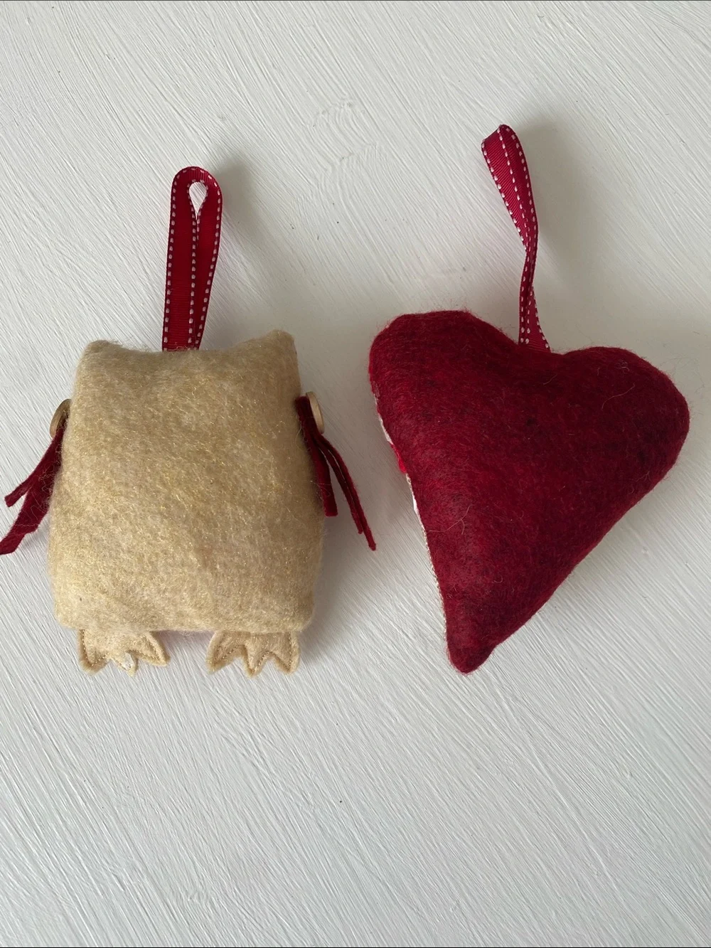 Set of 2 Rustic Burlap & Red Festive Owl and Heart Ornaments, Christmas Holiday